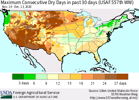 United States Maximum Consecutive Dry Days in past 30 days (USAF 557th WW) 12/13/2020 Thematic Map For 12/7/2020 - 12/13/2020
