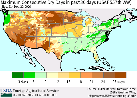 United States Maximum Consecutive Dry Days in past 30 days (USAF 557th WW) 12/20/2020 Thematic Map For 12/14/2020 - 12/20/2020