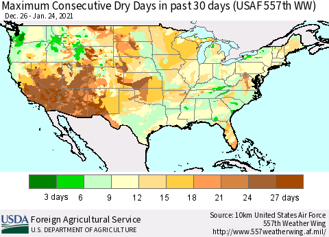 United States Maximum Consecutive Dry Days in past 30 days (USAF 557th WW) 01/24/2021 Thematic Map For 1/18/2021 - 1/24/2021