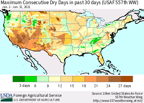 United States Maximum Consecutive Dry Days in past 30 days (USAF 557th WW) 01/31/2021 Thematic Map For 1/25/2021 - 1/31/2021