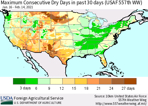 United States Maximum Consecutive Dry Days in past 30 days (USAF 557th WW) 02/14/2021 Thematic Map For 2/8/2021 - 2/14/2021