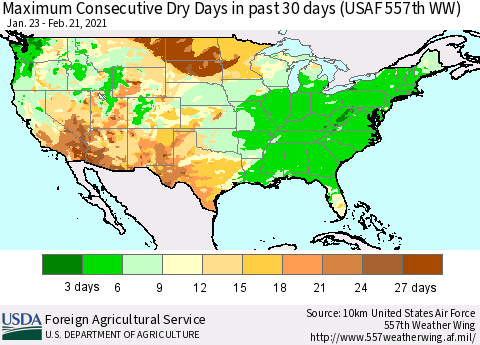 United States Maximum Consecutive Dry Days in past 30 days (USAF 557th WW) 02/21/2021 Thematic Map For 2/15/2021 - 2/21/2021