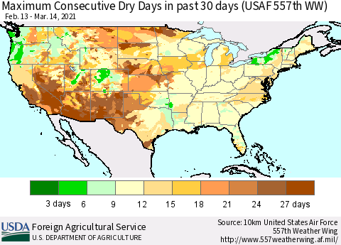 United States Maximum Consecutive Dry Days in past 30 days (USAF 557th WW) 03/14/2021 Thematic Map For 3/8/2021 - 3/14/2021