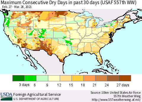 United States Maximum Consecutive Dry Days in past 30 days (USAF 557th WW) 03/28/2021 Thematic Map For 3/22/2021 - 3/28/2021