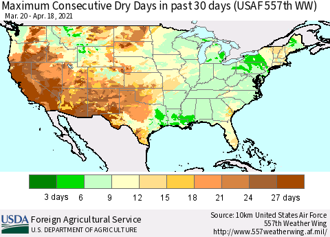 United States Maximum Consecutive Dry Days in past 30 days (USAF 557th WW) 04/18/2021 Thematic Map For 4/12/2021 - 4/18/2021