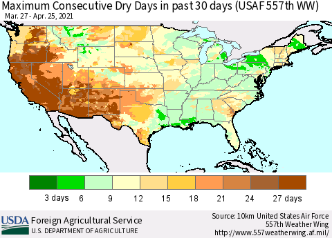 United States Maximum Consecutive Dry Days in past 30 days (USAF 557th WW) 04/25/2021 Thematic Map For 4/19/2021 - 4/25/2021