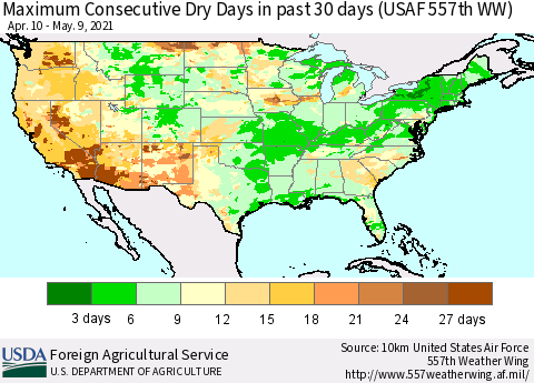 United States Maximum Consecutive Dry Days in past 30 days (USAF 557th WW) 05/09/2021 Thematic Map For 5/3/2021 - 5/9/2021