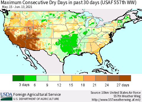 United States Maximum Consecutive Dry Days in past 30 days (USAF 557th WW) 06/13/2021 Thematic Map For 6/7/2021 - 6/13/2021