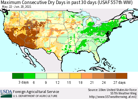 United States Maximum Consecutive Dry Days in past 30 days (USAF 557th WW) 06/20/2021 Thematic Map For 6/14/2021 - 6/20/2021