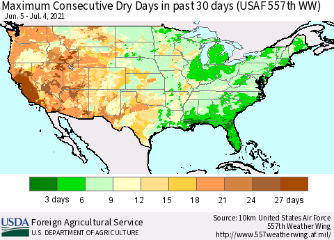 United States Maximum Consecutive Dry Days in past 30 days (USAF 557th WW) 07/04/2021 Thematic Map For 6/28/2021 - 7/4/2021