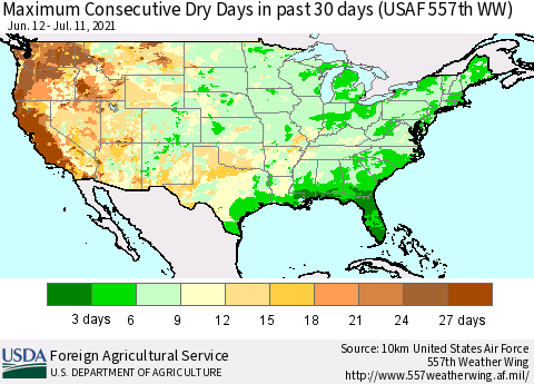 United States Maximum Consecutive Dry Days in past 30 days (USAF 557th WW) 07/11/2021 Thematic Map For 7/5/2021 - 7/11/2021