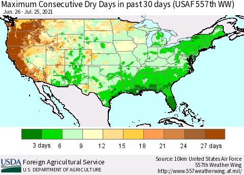 United States Maximum Consecutive Dry Days in past 30 days (USAF 557th WW) 07/25/2021 Thematic Map For 7/19/2021 - 7/25/2021