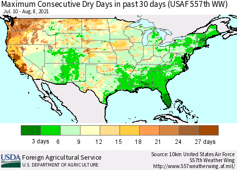 United States Maximum Consecutive Dry Days in past 30 days (USAF 557th WW) 08/08/2021 Thematic Map For 8/2/2021 - 8/8/2021