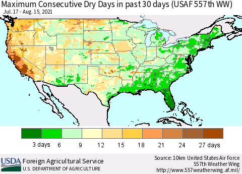 United States Maximum Consecutive Dry Days in past 30 days (USAF 557th WW) 08/15/2021 Thematic Map For 8/9/2021 - 8/15/2021