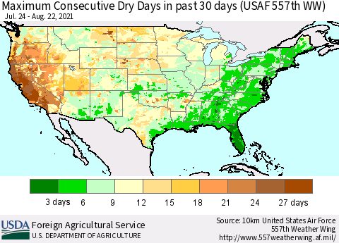 United States Maximum Consecutive Dry Days in past 30 days (USAF 557th WW) 08/22/2021 Thematic Map For 8/16/2021 - 8/22/2021
