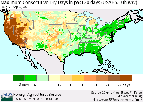 United States Maximum Consecutive Dry Days in past 30 days (USAF 557th WW) 09/05/2021 Thematic Map For 8/30/2021 - 9/5/2021