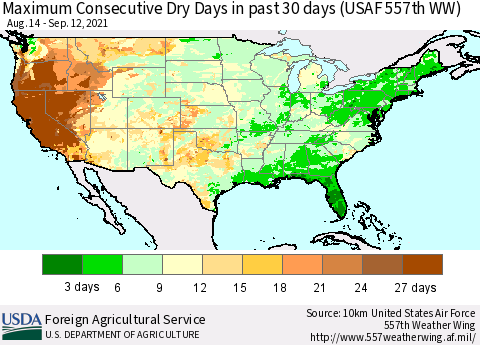 United States Maximum Consecutive Dry Days in past 30 days (USAF 557th WW) 09/12/2021 Thematic Map For 9/6/2021 - 9/12/2021