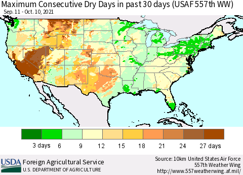 United States Maximum Consecutive Dry Days in past 30 days (USAF 557th WW) 10/10/2021 Thematic Map For 10/4/2021 - 10/10/2021