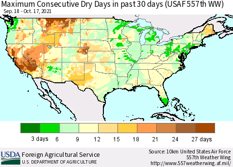 United States Maximum Consecutive Dry Days in past 30 days (USAF 557th WW) 10/17/2021 Thematic Map For 10/11/2021 - 10/17/2021