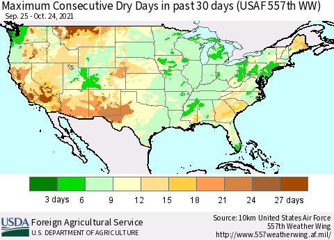 United States Maximum Consecutive Dry Days in past 30 days (USAF 557th WW) 10/24/2021 Thematic Map For 10/18/2021 - 10/24/2021