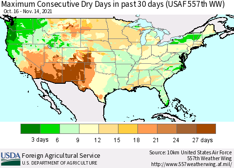 United States Maximum Consecutive Dry Days in past 30 days (USAF 557th WW) 11/14/2021 Thematic Map For 11/8/2021 - 11/14/2021