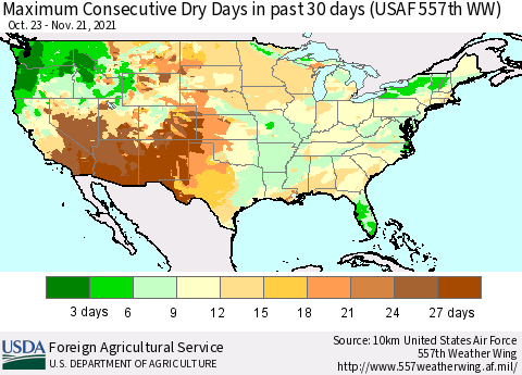 United States Maximum Consecutive Dry Days in past 30 days (USAF 557th WW) 11/21/2021 Thematic Map For 11/15/2021 - 11/21/2021