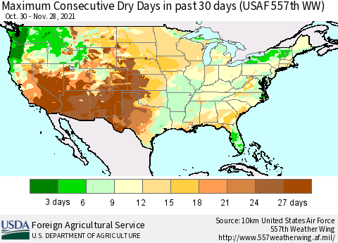 United States Maximum Consecutive Dry Days in past 30 days (USAF 557th WW) 11/28/2021 Thematic Map For 11/22/2021 - 11/28/2021