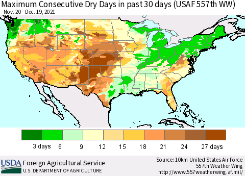 United States Maximum Consecutive Dry Days in past 30 days (USAF 557th WW) 12/19/2021 Thematic Map For 12/13/2021 - 12/19/2021