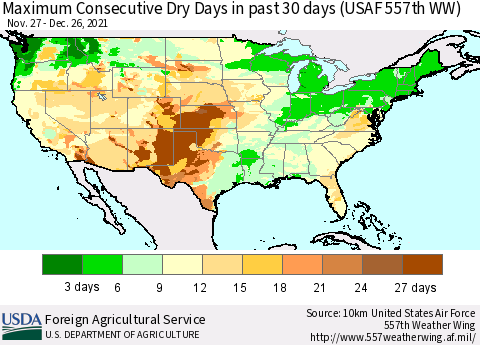 United States Maximum Consecutive Dry Days in past 30 days (USAF 557th WW) 12/26/2021 Thematic Map For 12/20/2021 - 12/26/2021
