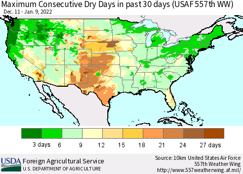 United States Maximum Consecutive Dry Days in past 30 days (USAF 557th WW) 01/09/2022 Thematic Map For 1/3/2022 - 1/9/2022