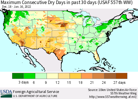 United States Maximum Consecutive Dry Days in past 30 days (USAF 557th WW) 01/16/2022 Thematic Map For 1/10/2022 - 1/16/2022