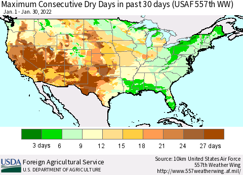 United States Maximum Consecutive Dry Days in past 30 days (USAF 557th WW) 01/30/2022 Thematic Map For 1/24/2022 - 1/30/2022