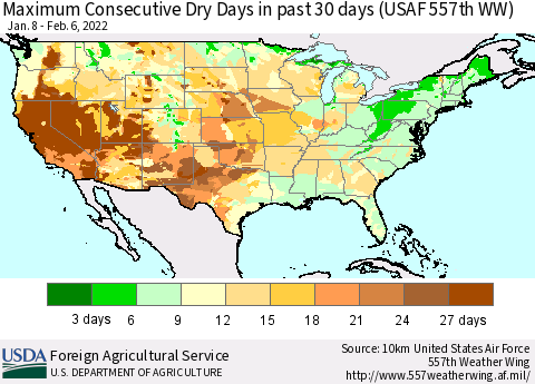 United States Maximum Consecutive Dry Days in past 30 days (USAF 557th WW) 02/06/2022 Thematic Map For 1/31/2022 - 2/6/2022