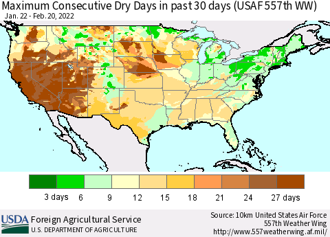 United States Maximum Consecutive Dry Days in past 30 days (USAF 557th WW) 02/20/2022 Thematic Map For 2/14/2022 - 2/20/2022