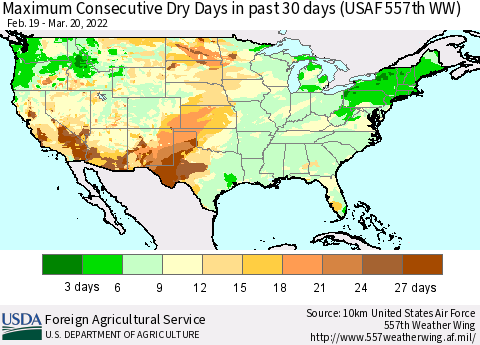United States Maximum Consecutive Dry Days in past 30 days (USAF 557th WW) 03/20/2022 Thematic Map For 3/14/2022 - 3/20/2022