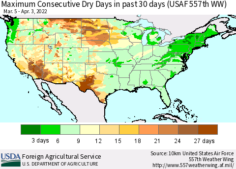 United States Maximum Consecutive Dry Days in past 30 days (USAF 557th WW) 04/03/2022 Thematic Map For 3/28/2022 - 4/3/2022