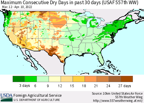 United States Maximum Consecutive Dry Days in past 30 days (USAF 557th WW) 04/10/2022 Thematic Map For 4/4/2022 - 4/10/2022