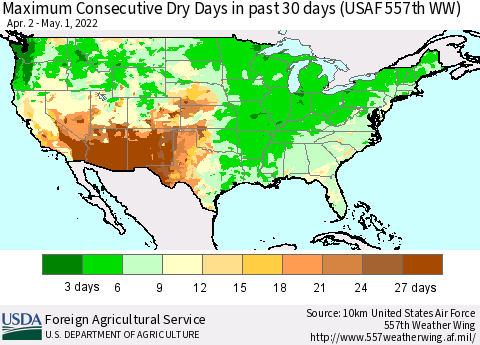 United States Maximum Consecutive Dry Days in past 30 days (USAF 557th WW) 05/01/2022 Thematic Map For 4/25/2022 - 5/1/2022