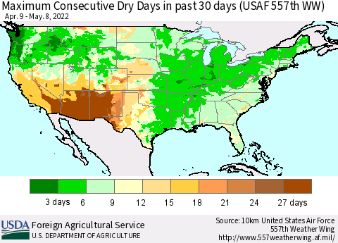 United States Maximum Consecutive Dry Days in past 30 days (USAF 557th WW) 05/08/2022 Thematic Map For 5/2/2022 - 5/8/2022