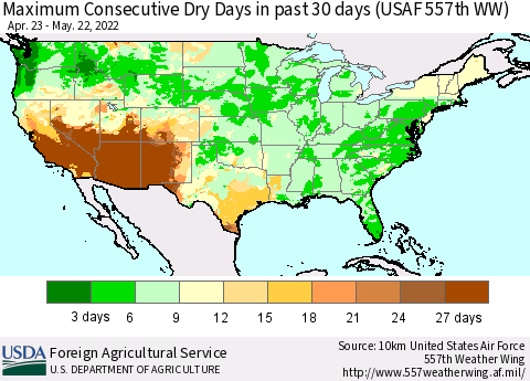 United States Maximum Consecutive Dry Days in past 30 days (USAF 557th WW) 05/22/2022 Thematic Map For 5/16/2022 - 5/22/2022