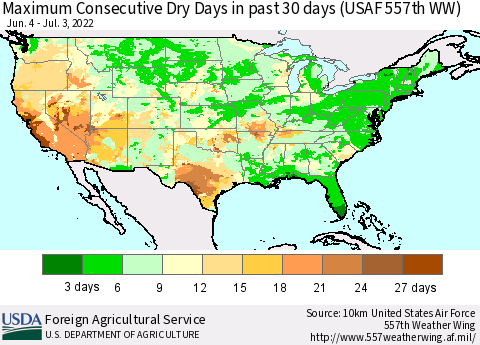 United States Maximum Consecutive Dry Days in past 30 days (USAF 557th WW) 07/03/2022 Thematic Map For 6/27/2022 - 7/3/2022