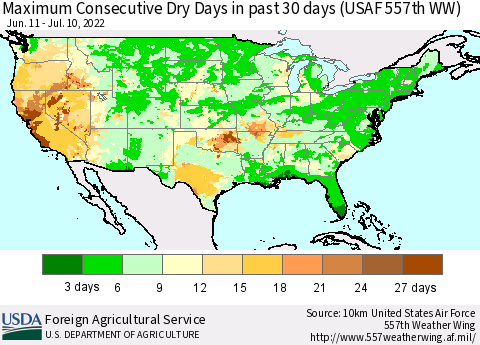 United States Maximum Consecutive Dry Days in past 30 days (USAF 557th WW) 07/10/2022 Thematic Map For 7/4/2022 - 7/10/2022