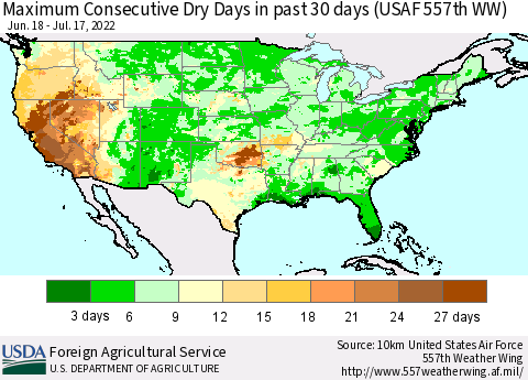 United States Maximum Consecutive Dry Days in past 30 days (USAF 557th WW) 07/17/2022 Thematic Map For 7/11/2022 - 7/17/2022