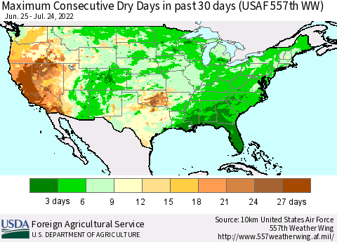 United States Maximum Consecutive Dry Days in past 30 days (USAF 557th WW) 07/24/2022 Thematic Map For 7/18/2022 - 7/24/2022