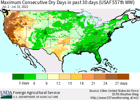 United States Maximum Consecutive Dry Days in past 30 days (USAF 557th WW) 07/31/2022 Thematic Map For 7/25/2022 - 7/31/2022