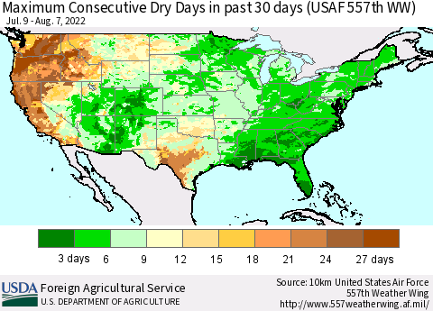 United States Maximum Consecutive Dry Days in past 30 days (USAF 557th WW) 08/07/2022 Thematic Map For 8/1/2022 - 8/7/2022