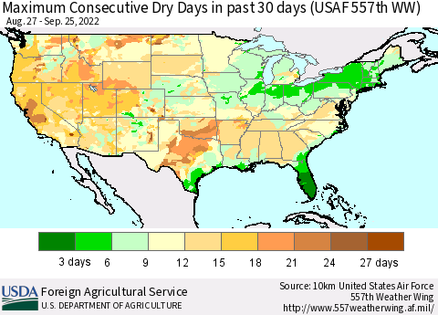 United States Maximum Consecutive Dry Days in past 30 days (USAF 557th WW) 09/25/2022 Thematic Map For 9/19/2022 - 9/25/2022