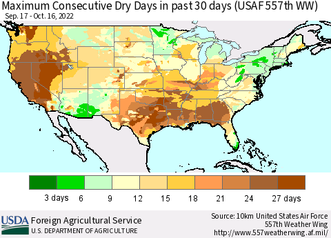 United States Maximum Consecutive Dry Days in past 30 days (USAF 557th WW) 10/16/2022 Thematic Map For 10/10/2022 - 10/16/2022