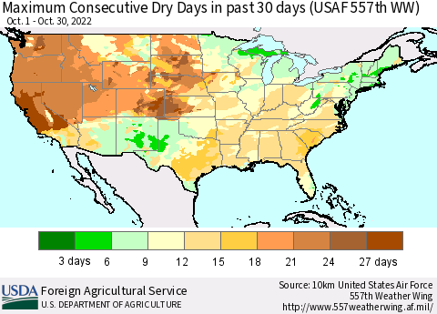 United States Maximum Consecutive Dry Days in past 30 days (USAF 557th WW) 10/30/2022 Thematic Map For 10/24/2022 - 10/30/2022