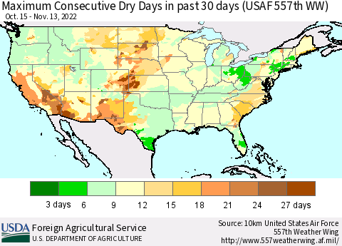 United States Maximum Consecutive Dry Days in past 30 days (USAF 557th WW) 11/13/2022 Thematic Map For 11/7/2022 - 11/13/2022